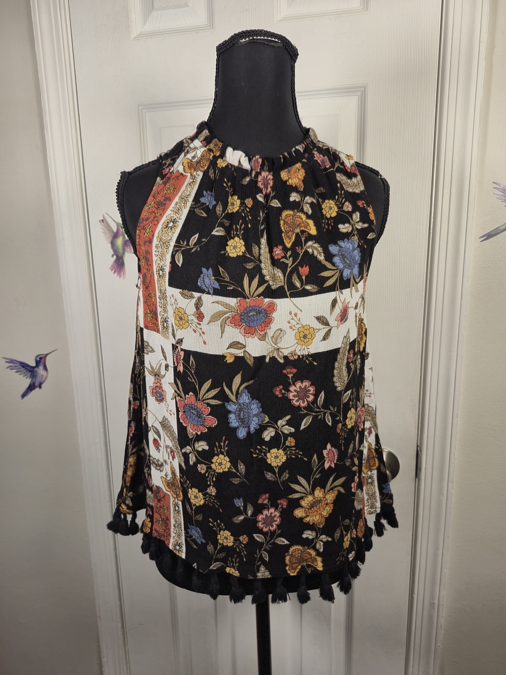 Style & Co. Petite Small Floral Patchwork Tassel Boho Tank Top Blouse - Picture 3 of 6